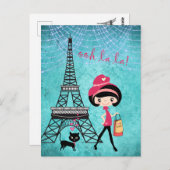 Eiffel Tower Paris Girl en Cat Blue Damask Briefkaart (Voorkant / Achterkant)