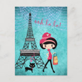 Eiffel Tower Paris Girl en Cat Blue Damask Briefkaart (Voorkant)