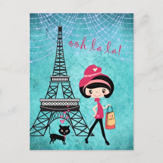 Eiffel Tower Paris Girl en Cat Blue Damask Briefkaart (Voorkant)