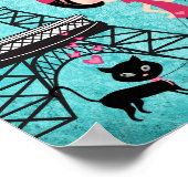 Eiffel Tower Paris Girl en Cat Blue Damask Poster (Hoek)