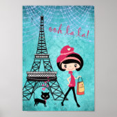 Eiffel Tower Paris Girl en Cat Blue Damask Poster (Voorkant)