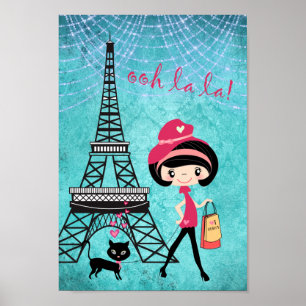 Eiffel Tower Paris Girl en Cat Blue Damask Poster