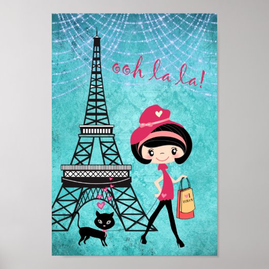 Eiffel Tower Paris Girl en Cat Blue Damask Poster (Voorkant)