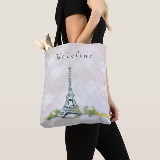 Eiffel Tower Paris Ink Schets op Roze Sparkle Tote Bag (Dichtbij)