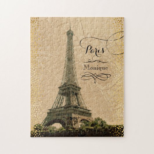 Eiffel Tower Paris  kaart monogram Naam Legpuzzel (Verticaal)