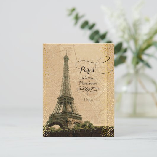 Eiffel Tower Paris  Map Gold Stippen Monogram Briefkaart (Staand voorkant)