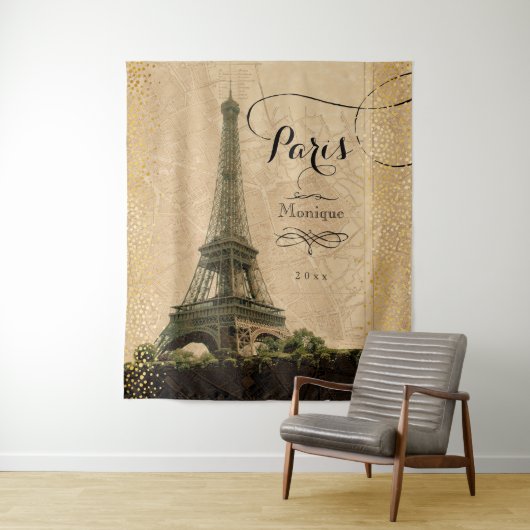 Eiffel Tower Paris Map Gold Stippen Monogram Wandkleed (In situ)