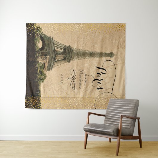 Eiffel Tower Paris Map Gold Stippen Monogram Wandkleed (In Situ (horizontaal))