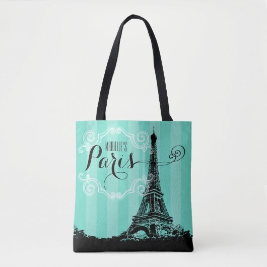 Eiffel Tower Paris Monogram Seafoam Green Stripes Tote Bag (Voorkant)
