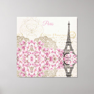 Eiffel Tower, Paris Pink Magnolia Canvas Afdruk
