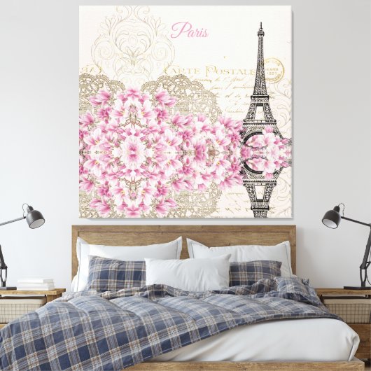 Eiffel Tower, Paris Pink Magnolia Canvas Afdruk (Insitu (Slaapkamer))