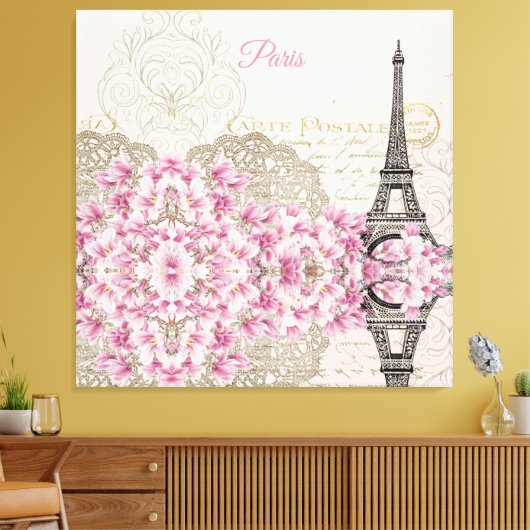 Eiffel Tower, Paris Pink Magnolia Canvas Afdruk (Insitu (Woonkamer))
