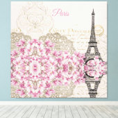 Eiffel Tower, Paris Pink Magnolia Canvas Afdruk (Insitu (Houten vloer))