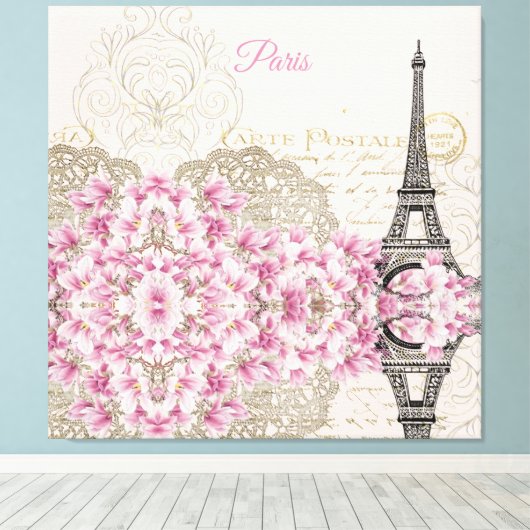 Eiffel Tower, Paris Pink Magnolia Canvas Afdruk (Insitu (Houten vloer))