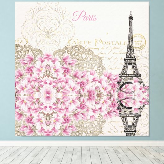 Eiffel Tower, Paris Pink Magnolia Canvas Afdruk (Insitu (Houten vloer))