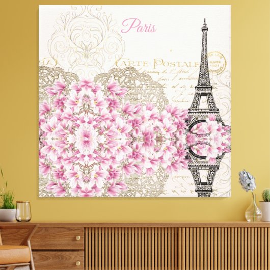 Eiffel Tower, Paris Pink Magnolia Canvas Afdruk (Insitu (Woonkamer))