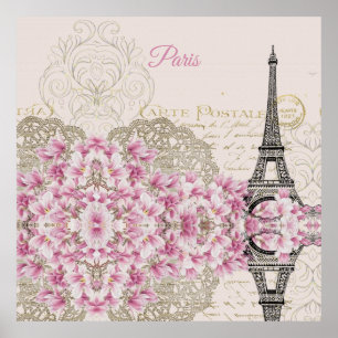 Eiffel Tower, Paris Pink Magnolia Poster