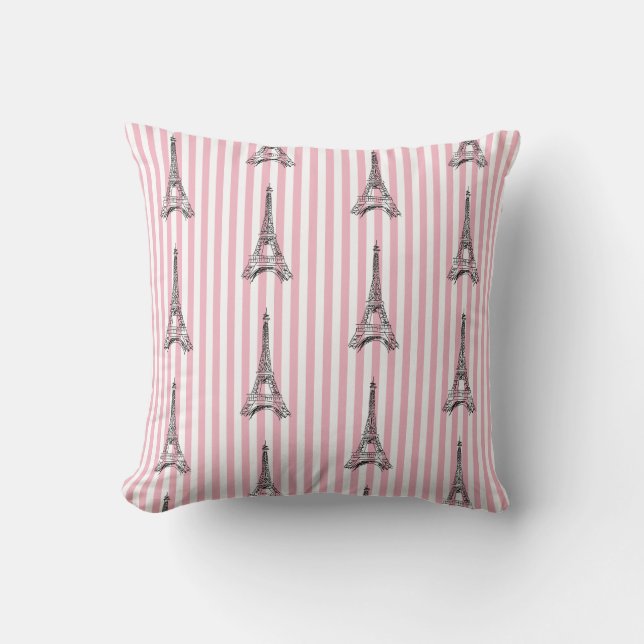Eiffel Tower Paris Pink Stripe Pillow Kussen (Voorkant)
