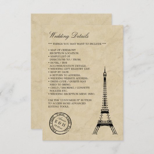 Eiffel Tower Paris Postmark Weddenschap Informatiekaartje (Voorkant / Achterkant)