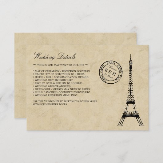  Eiffel Tower Paris Postmark Weddenschap Informatiekaartje (Voorkant / Achterkant)