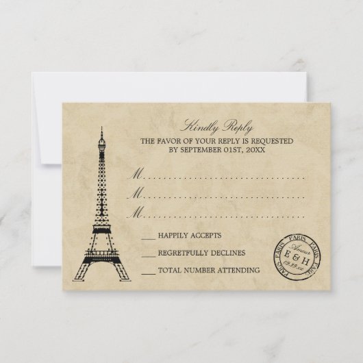 Eiffel Tower Paris Postmark Weddenschap RSVP Kaartje (Voorkant)