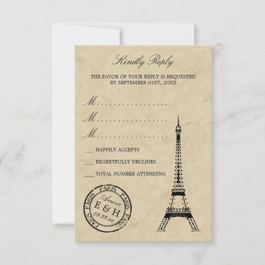 Eiffel Tower Paris Postmark Weddenschap RSVP Kaartje (Voorkant)