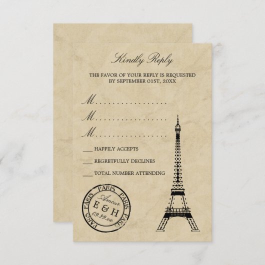 Eiffel Tower Paris Postmark Weddenschap RSVP Kaartje (Voorkant / Achterkant)
