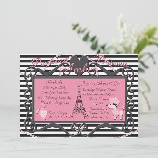 Eiffel Tower Paris Roze Podle Baby shower nodigt u Kaart (Staand voorkant)