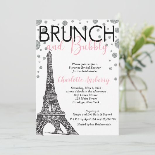 Eiffel Tower Paris Vrijgezellenfeest Brunch Uitnod Kaart (Staand voorkant)