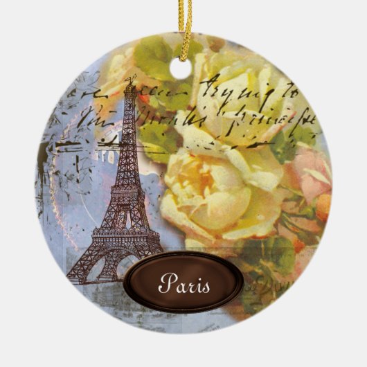 Eiffel Tower Paris Yellow Roses Kerstannament Keramisch Ornament (Voorkant)