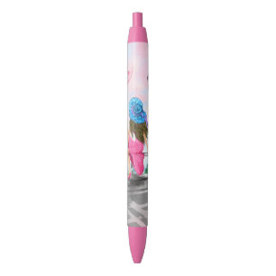 Eiffel Tower Pen, vrouw met roze ballon in Parijs Blauwe Inkt Pen