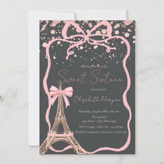 Eiffel Tower Pink Bow Dots Gray Sweet 16 Kaart (Voorkant)