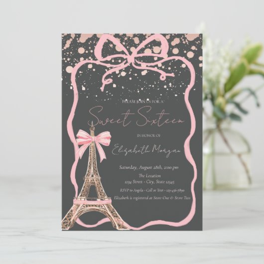 Eiffel Tower Pink Bow Dots Gray Sweet 16 Kaart (Staand voorkant)