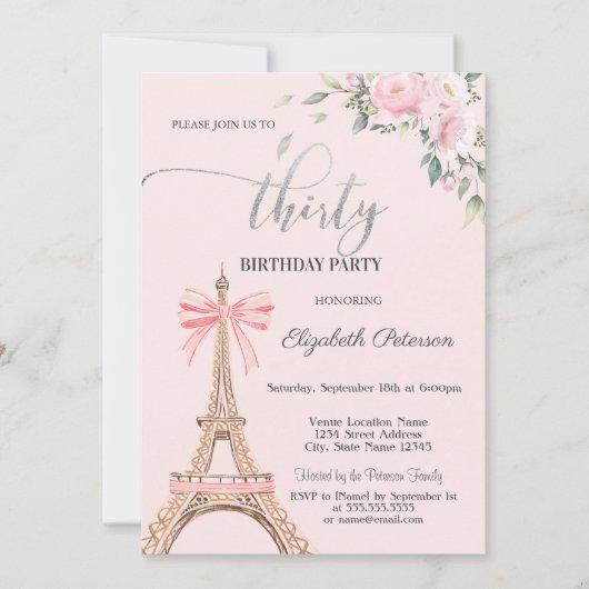 Eiffel Tower Pink Bow Flowers 30th Birthday Kaart (Voorkant)