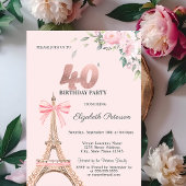 Eiffel Tower Pink Bow Flowers 40th Birthday Kaart