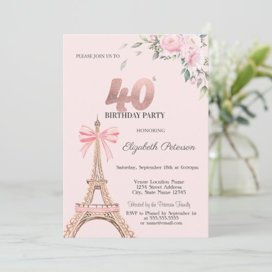 Eiffel Tower Pink Bow Flowers 40th Birthday Kaart (Staand voorkant)