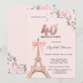 Eiffel Tower Pink Bow Flowers 40th Birthday Kaart (Voorkant / Achterkant)