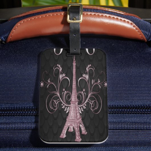 Eiffel Tower Pink Floral Swirls Bagagelabel (Voorkant Insitu 2)