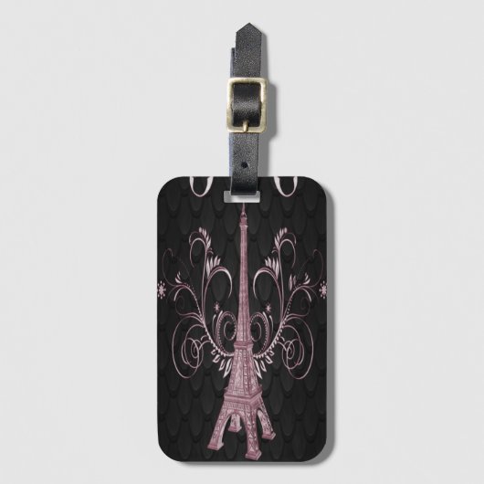 Eiffel Tower Pink Floral Swirls Bagagelabel (Voorkant (verticaal))