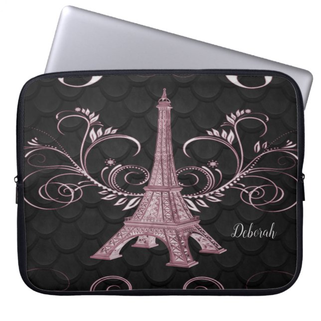 Eiffel Tower Pink Floral Swirls laptophoes Laptop Sleeve (Voorkant)