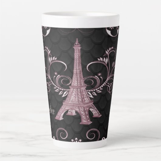 Eiffel Tower Pink Floral Swirls Latte Mok (Voorkant)