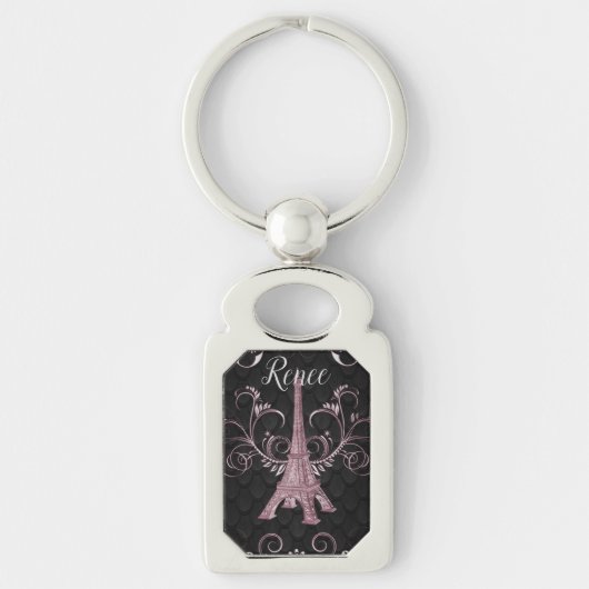 Eiffel Tower Pink Floral Swirls Metal Sleutelhange Sleutelhanger (Voorkant)