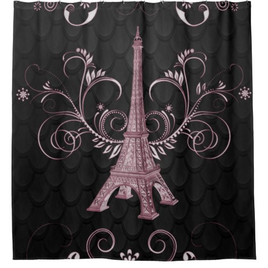 Eiffel Tower Pink Floral Swirls Showgordijn Douchegordijn (Voorkant)
