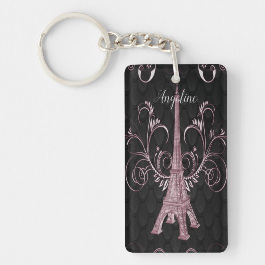 Eiffel Tower Pink Floral Swirls Sleutelhanger (Voorkant)