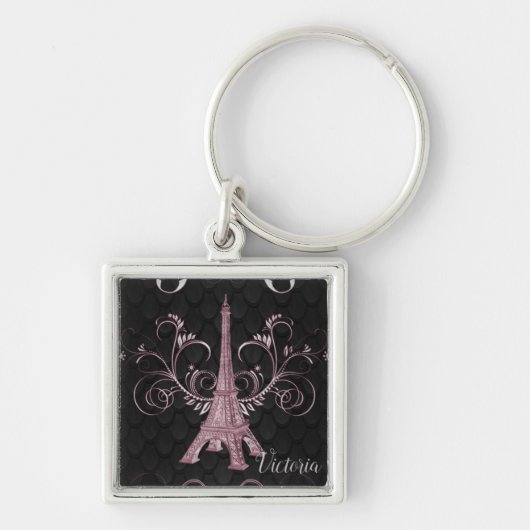 Eiffel Tower Pink Floral Swirls Square Sleutelhang Sleutelhanger (Voorkant)