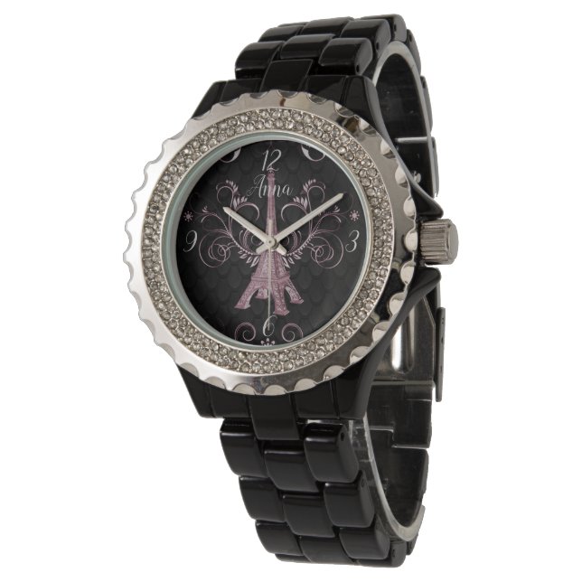 Eiffel Tower Pink Floral Swirls Watch Horloge (Gekanteld)