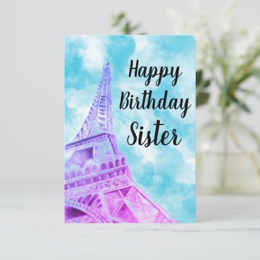 Eiffel Tower Pink Happy Birthday Zuster Bedankkaart (Staand voorkant)