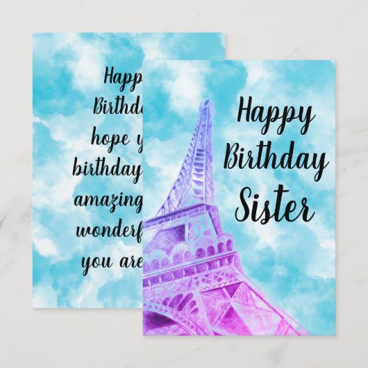 Eiffel Tower Pink Happy Birthday Zuster Bedankkaart (Voorkant / Achterkant)