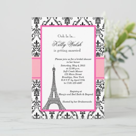 Eiffel Tower Pink Paris Bridal Shower Kaart (Staand voorkant)