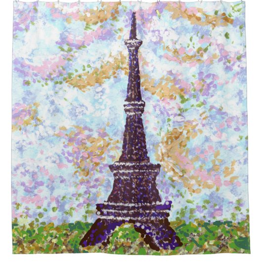 Eiffel Tower Pointillism Grass Cloud Sky Landschap Douchegordijn (Voorkant)